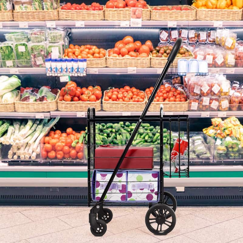 Costway Folding Shopping Cart Jumbo Basket Rolling Utility Trolley - 17'' x 19'' x 35''/37.5''