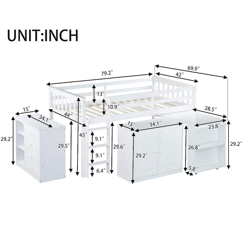 Twin Loft Bed with Pull-Out Desk & Storage and 2 Cabinets, 4 Drawers & Shelves(250lb Capacity)