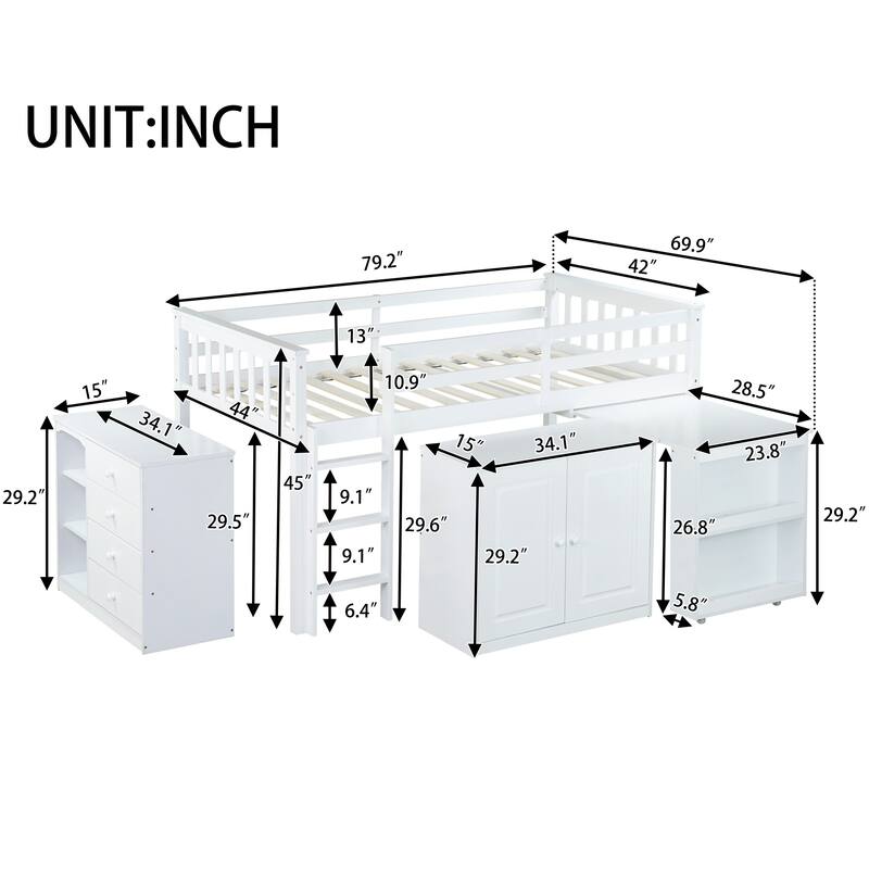 Twin Size Rubber Wood Loft Bed with Pull-Out Desk, Storage Cabinets, Drawers and Shelves, Safety Guardrail and Ladder