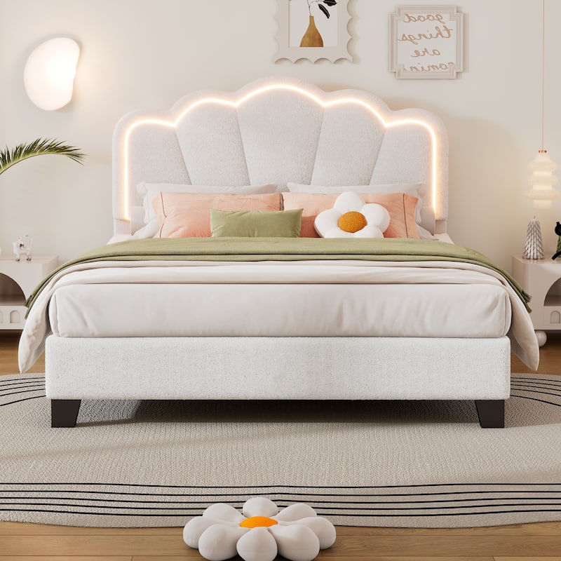 Sherpa Fabric Upholstered Platform Bed with Elegant Flowers Headboard and Wooden Slats Support