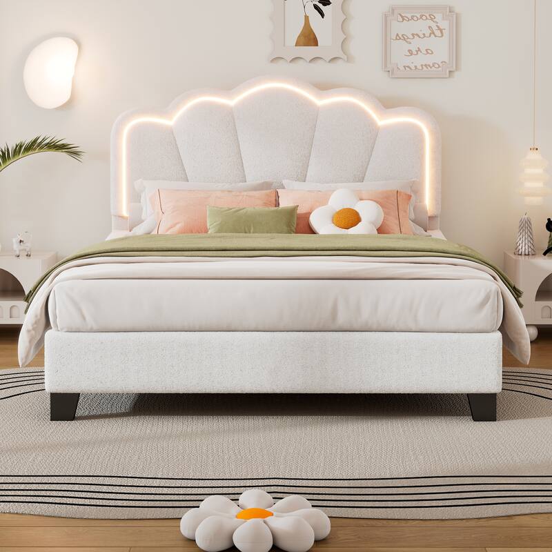 Sherpa Upholstered Flower-Shape Bed, Twin/Full Size, Adjustable LED Light Headboard, Modern Platform Bed with Wooden Slats