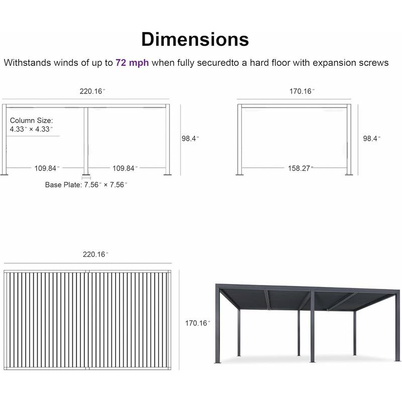 PURPLE LEAF Louvered Pergola with Solar Lights Hardtop Gazebo for Patio