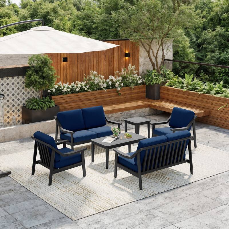 6-piece Wood Patio Chat Set Teak Conversation Set with Cushion