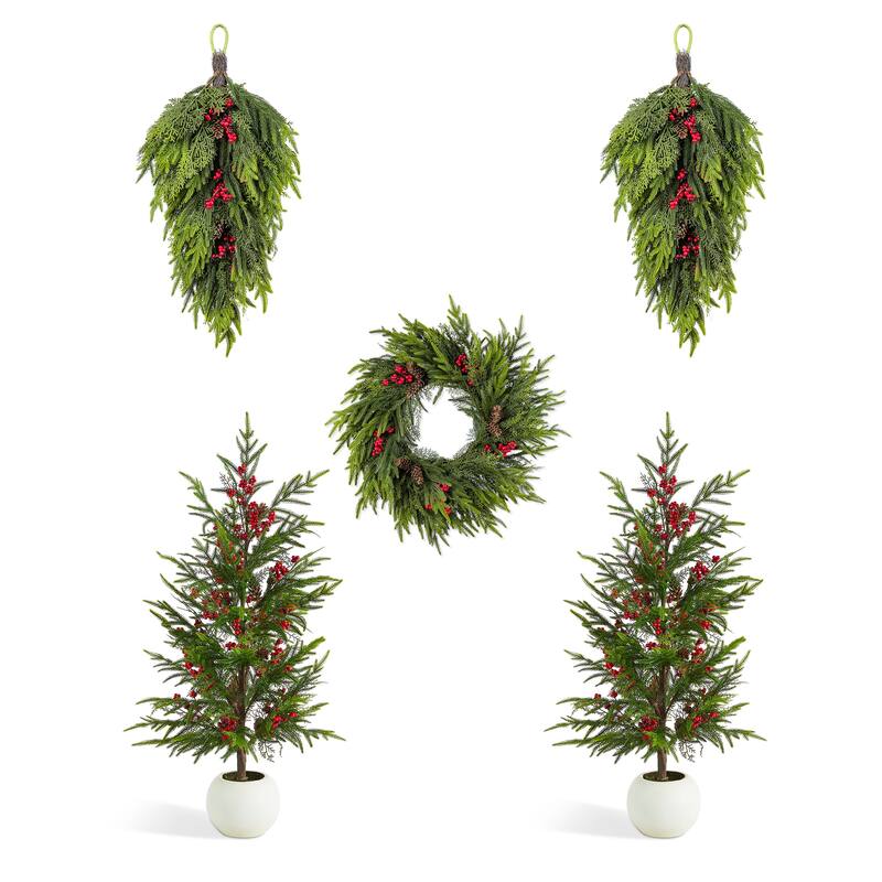 ﻿ Glitzhome Artificial Christmas Tree Potted Xmas Plant with Red Berries, Pinecones, PE Dripping Pine for Home Holiday Decor