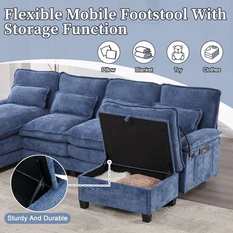 Chenille U-shape Sectional Sofa with Chaise and Storage Ottoman, Modular Couch with USB/Type-C Ports, Side Pockets, Phone Holder