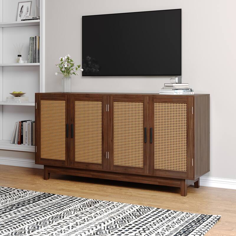 Rattan Accent Cabinet Storage Sideboard Buffet with 4 Doors
