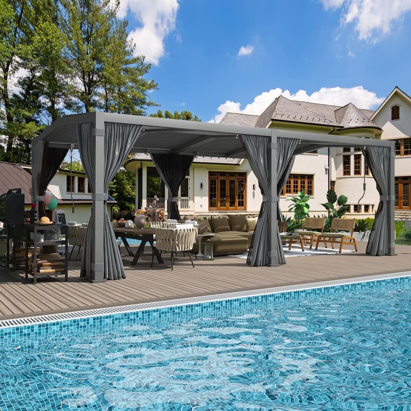 EROMMY Outdoor Louvered Pergola Gazebo with Adjustable Aluminum Rainproof Roof and Pull-Down Screen