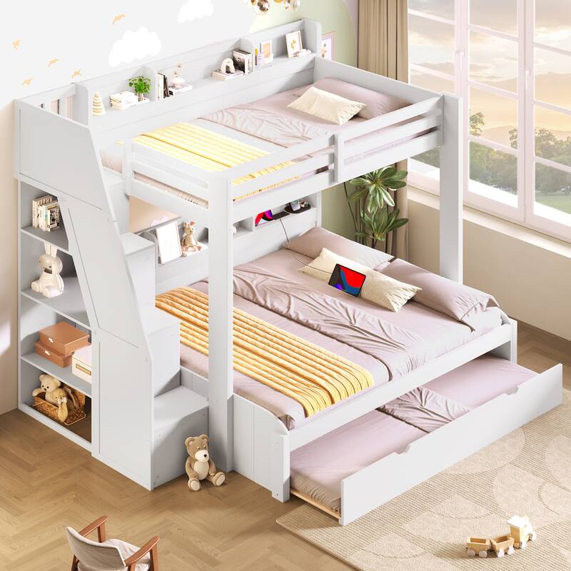 Twin Over Full Size Bunk Bed with Built-in 3-in-1 Storage Shelves and Charging Station, Pull-out Trundle, Storage Staircase - White - Full
