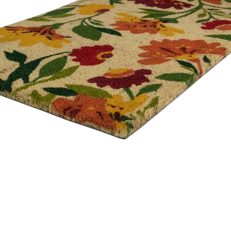 Natural Coir Autumn Floral and Foliage Door Mat 18" x 30" - Red Orange Yellow