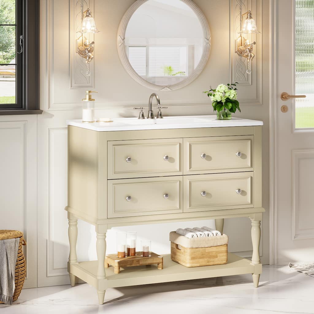 36" Modern Bathroom Vanity with Ceramic Basin, 4 Drawers
