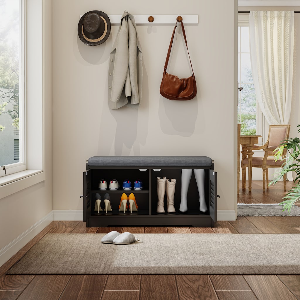 28.74" Shoe Storage Bench with 2 Door Cabinet, Entryway Bench Black Indoor Bench with Padded Seat and Adjustable Shelves