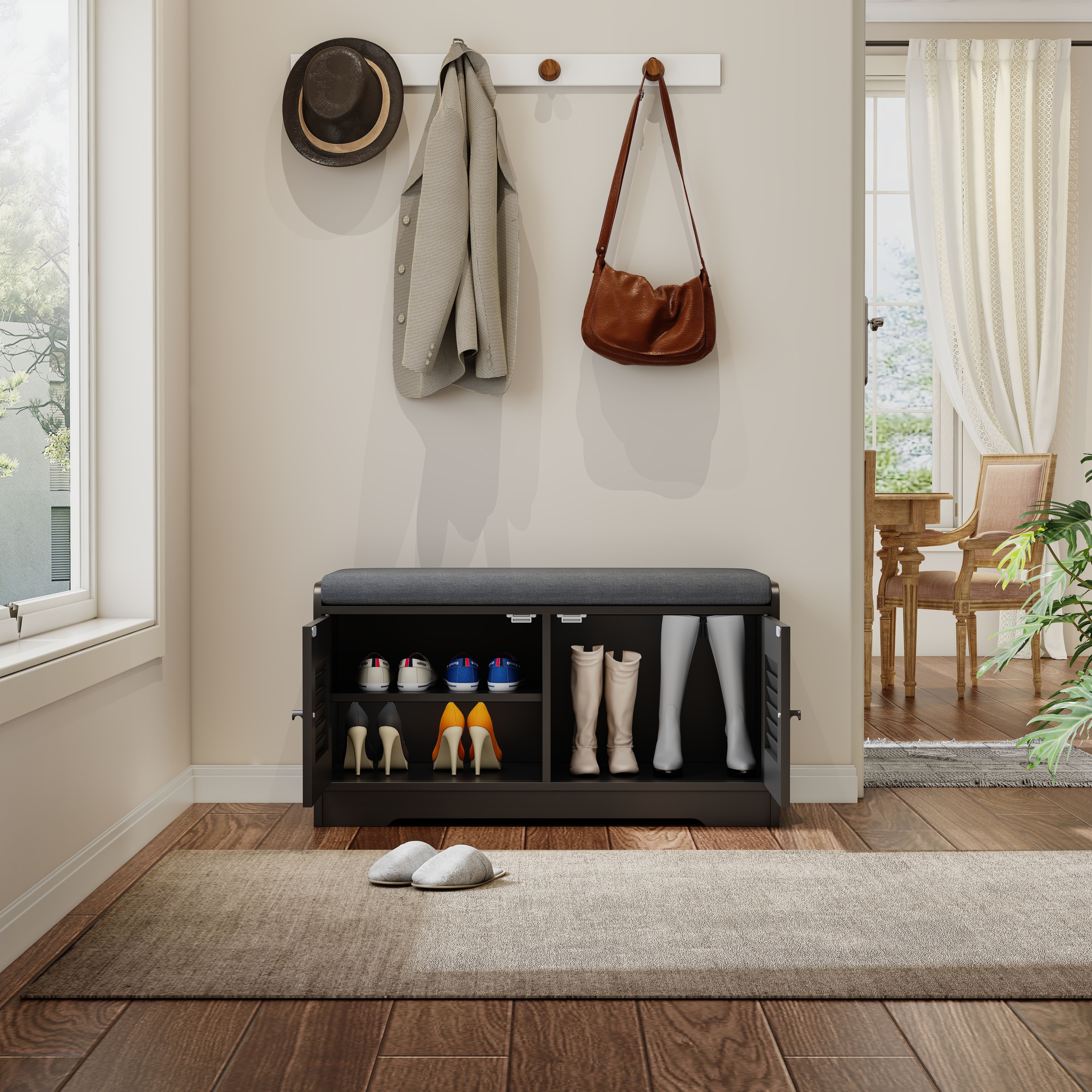 28.74" Shoe Storage Bench with 2 Door Cabinet, Entryway Bench Black Indoor Bench with Padded Seat and Adjustable Shelves