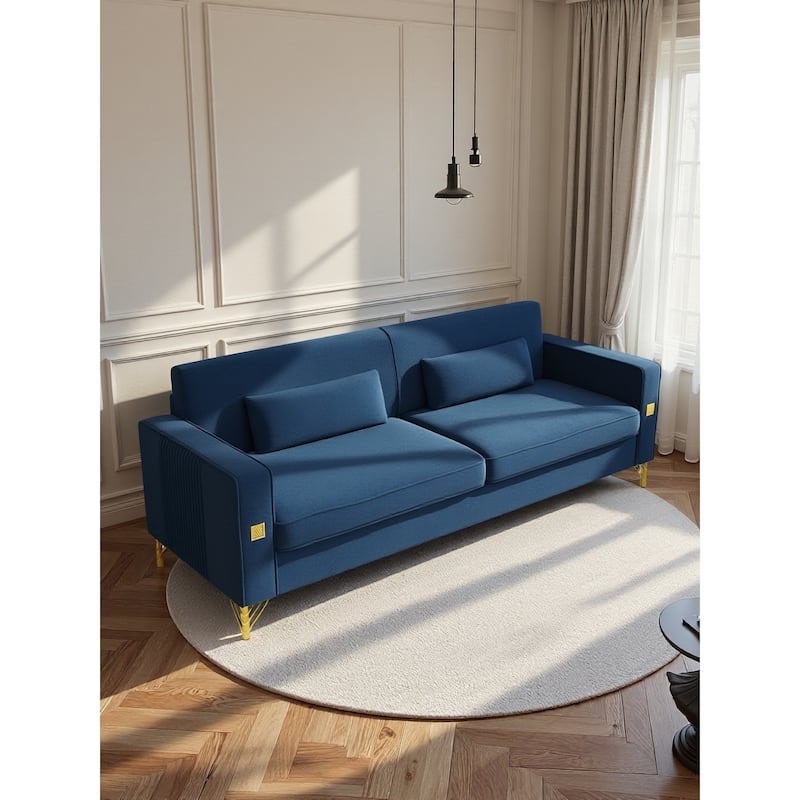 Roomfitters Mid-Century Modern Upholstered Sofa with Gold Metal Legs and Square Arms, Elegant Couch for Living Room