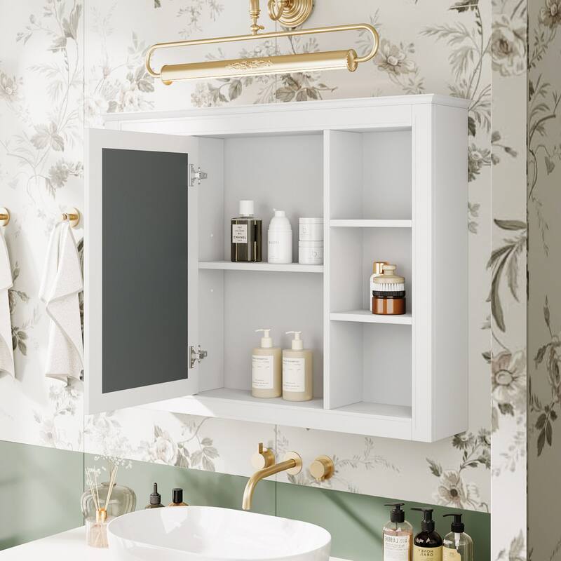Wall-Mounted Bathroom Storage Cabinet with Mirror,6 Open Shelves,Modern and Space-Efficient Design - White