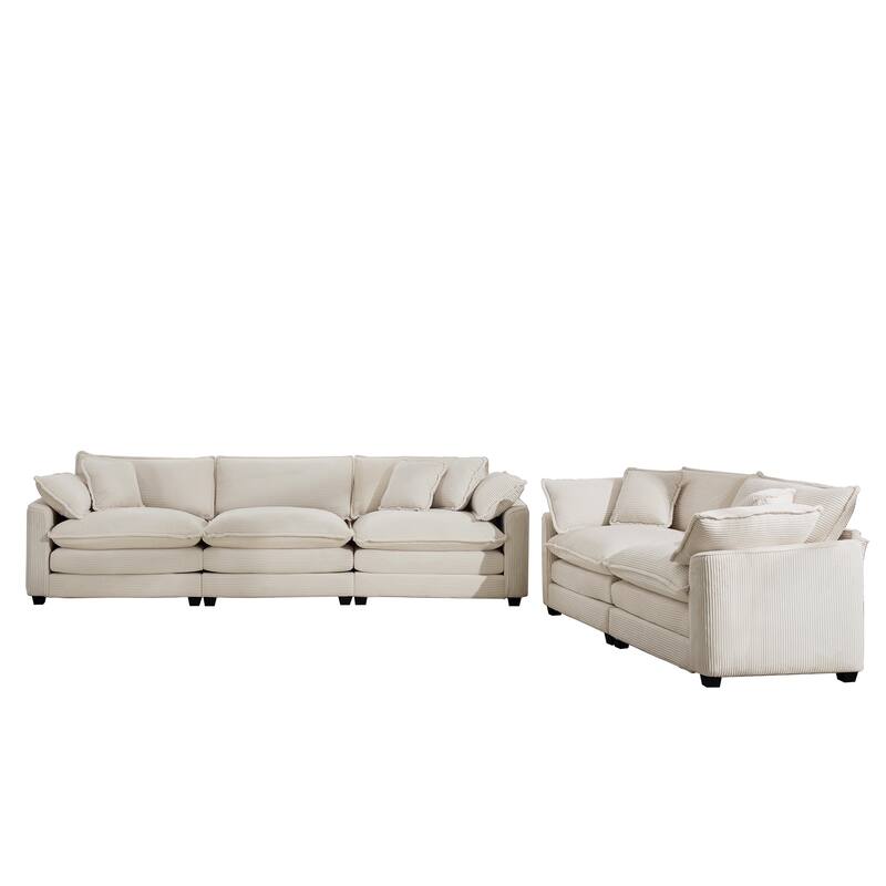Corduroy Fabric Deep Seat Sofas Set with Throw Pillows, 3+2 Seater Flexible Combinations Sofa with Removable Armrests