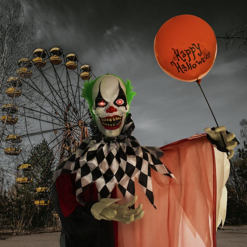 Haunted Hill Farm Life-Size Animatronic Clown, Indoor/Outdoor Halloween Decoration, Flashing Red Eyes, Poseable, Battery