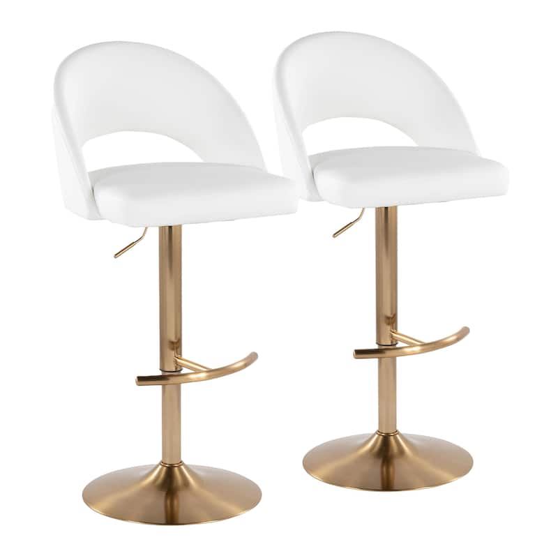 Renee Adjustable Barstool - Set of 2 - White Faux Leather/Gold Finish
