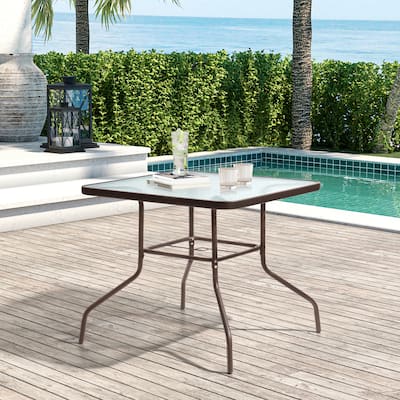 Crestlive Outdoor Dining Bistro Table with Square Glass Top and Umbrella Hole - 33.5" L x 33.5" W x 28.0" H