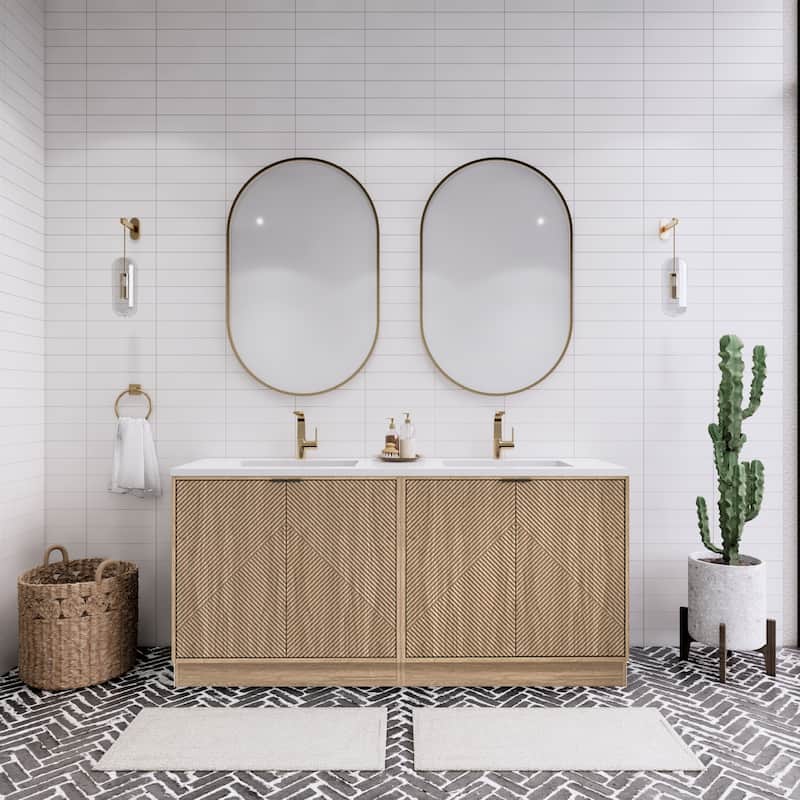 Milano 72" Freestanding Bathroom Vanity with Double White Sink - 70.86" x 19.49" x 35.46'' - Beige