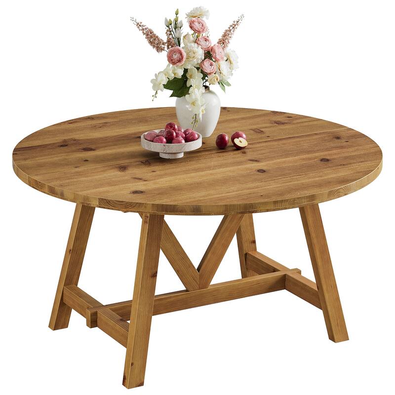 Solid Wood Dining Table, 63" Farmhouse Round Kitchen Table for Dining Room
