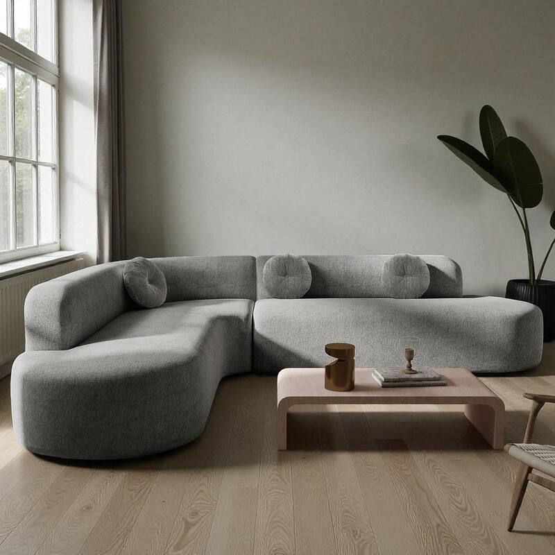 122" Extra Large Curved Sectional Sofa Soft Upholstery with 3 Round Cushions High-Resilience Foam Modern Living Room Couch - Grey