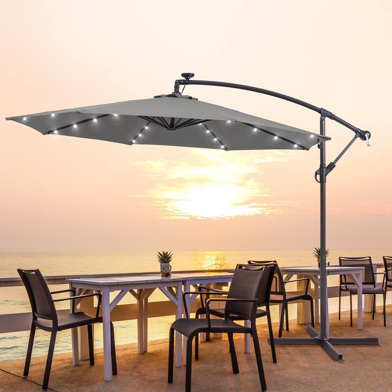 LIVOOSUN 10ft LED Patio Offset Umbrella With Cross Base - Grey