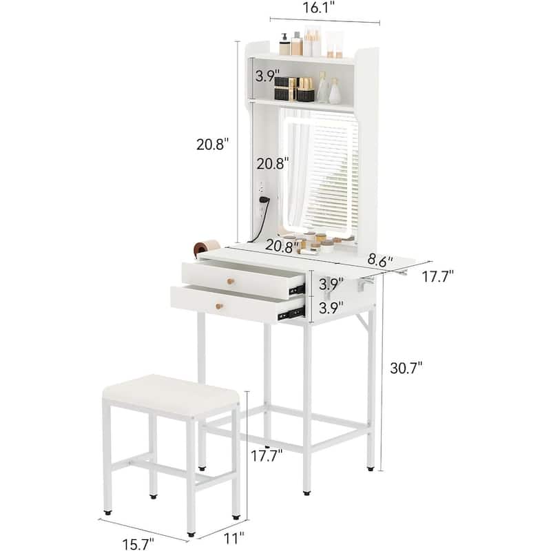Small Compact Vanity Desk with LED Mirror and Lights for Bedroom Apartment