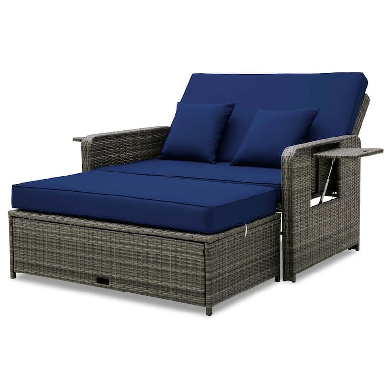 Gymax Rattan Daybed Wicker Loveseat Sofa Set w/ Ottoman & Retractable - Blue