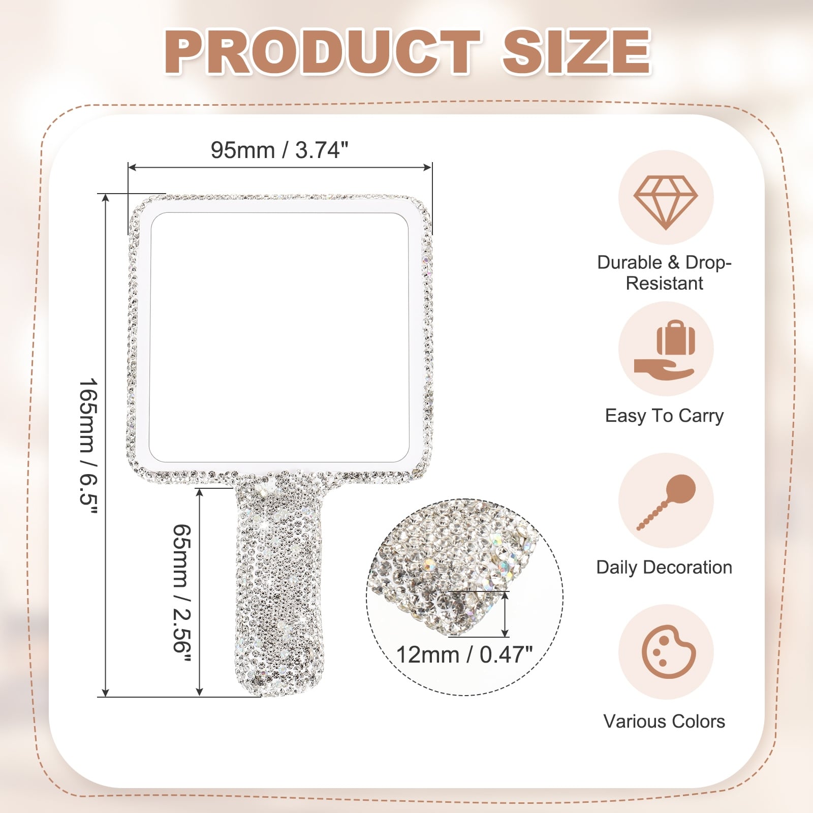 Rhinestone Hand Mirror, Bling Handheld Mirrors with Handle ABS Makeup Mirror for Women Travel Wedding Daily Use(Square Shape)