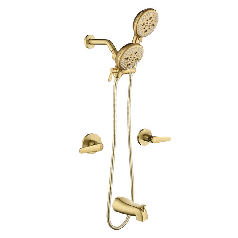Wall Mount Shower Faucet with Tub Spout Brass 5-Setting Spray Dual Head Complete Shower System with Valve - Brushed Gold