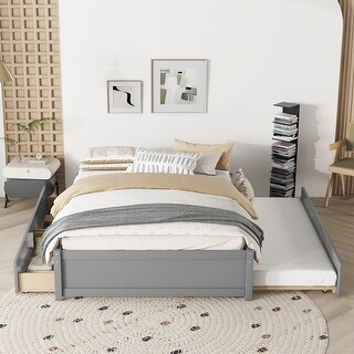 Simple Platform Bed Full Size Wood Bed Frame with Twin Trundle and 2 Drawers Suit for Kids Bedroom, No Box Spring Needed Grey