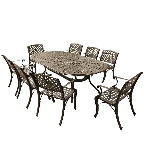 slide 1 of 15, Outdoor Lattice 95-inch Bronze Oval Dining Set with Eight Arm Chairs