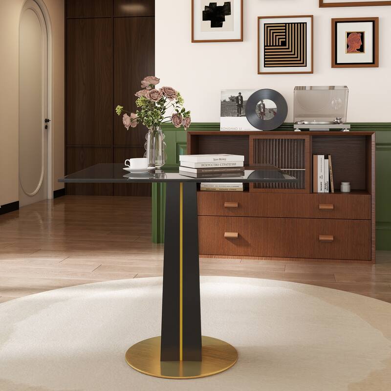 Modern Square Negotiation Table - 85cm Tempered Glass Top, Black Wooden Legs with Golden Metal Base(Only the Negotiation Table)