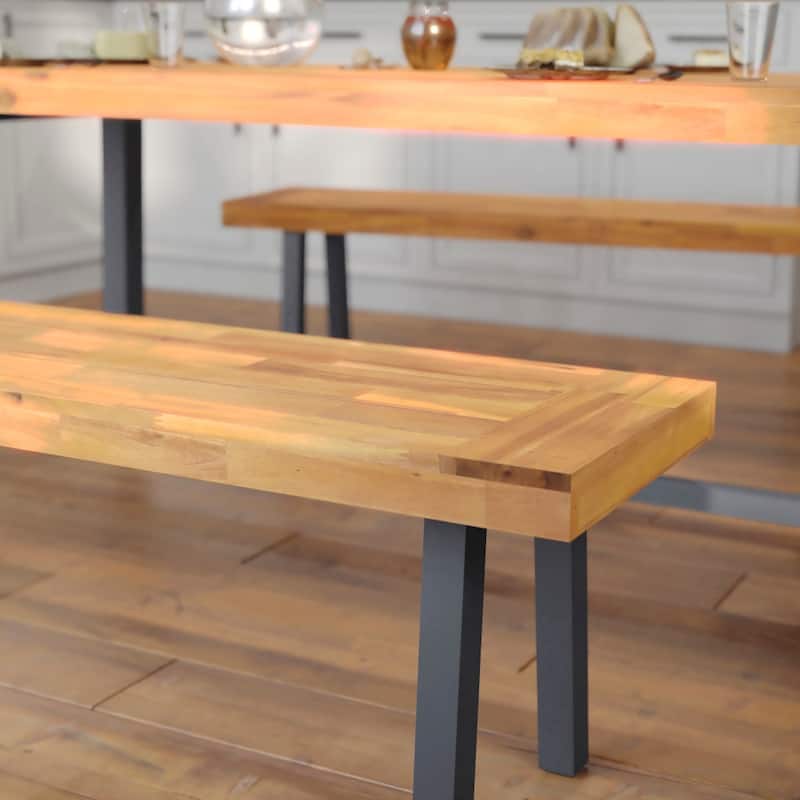 Indoor/Outdoor Solid Acacia Wood Slat Top Bench with Wood Legs