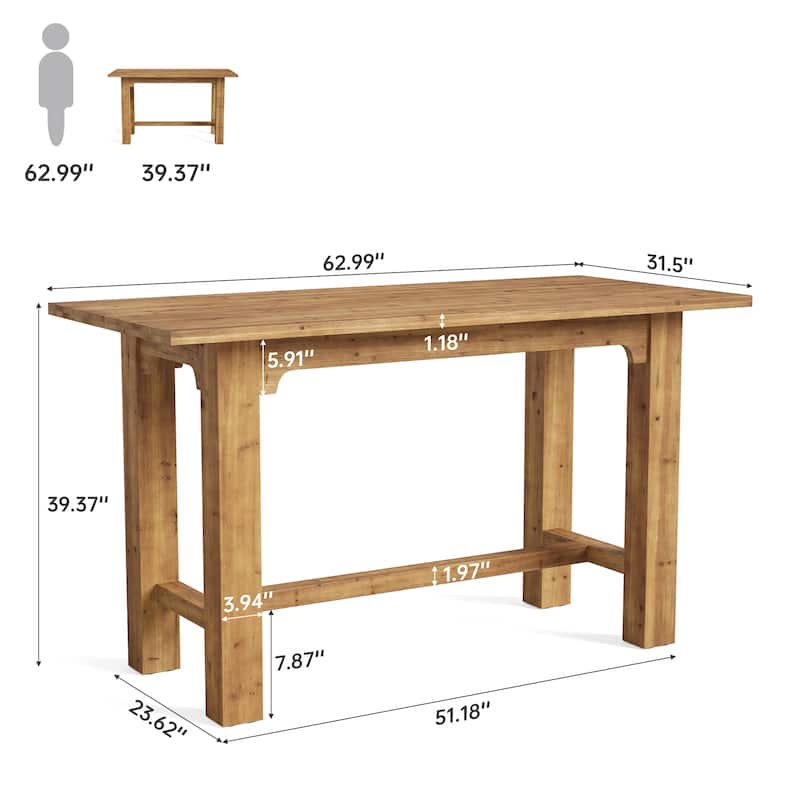Solid Wood Bar Table, 63-Inch Long Counter Height Pub Table