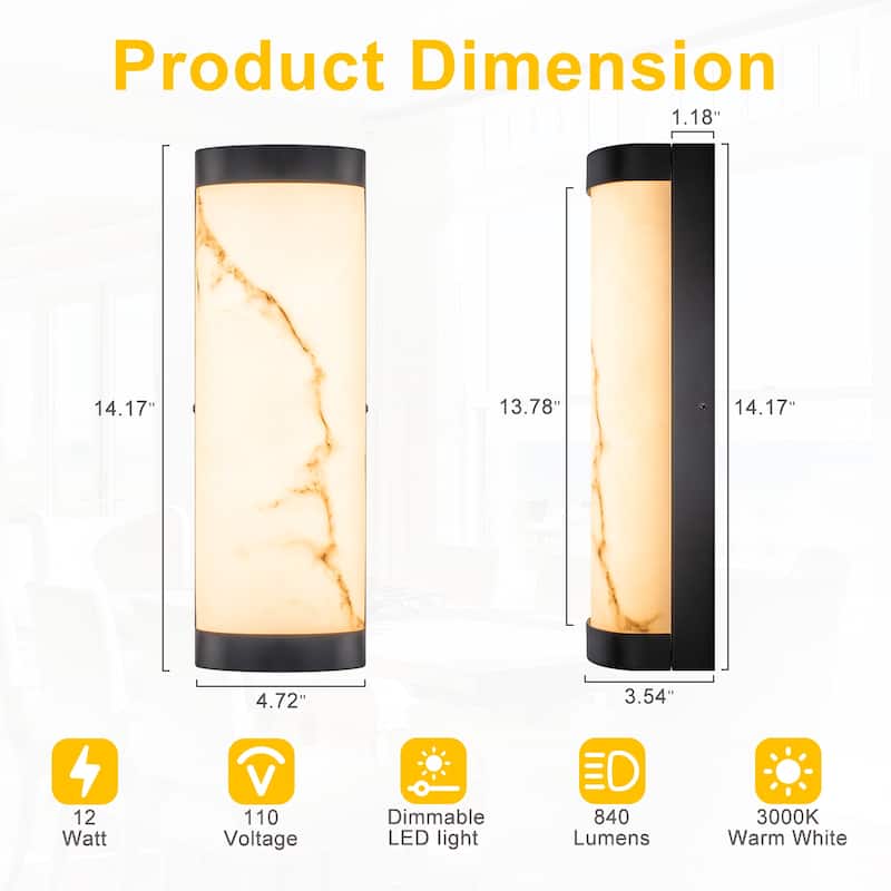 Black LED Wall Sconce Semi-Cylinder White Faux Alabaster Resin Shade