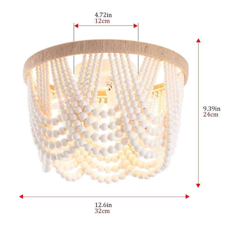 Vintage 3-Light Oak Wood Bead Matte White Bohemia Style Ceiling Lamp