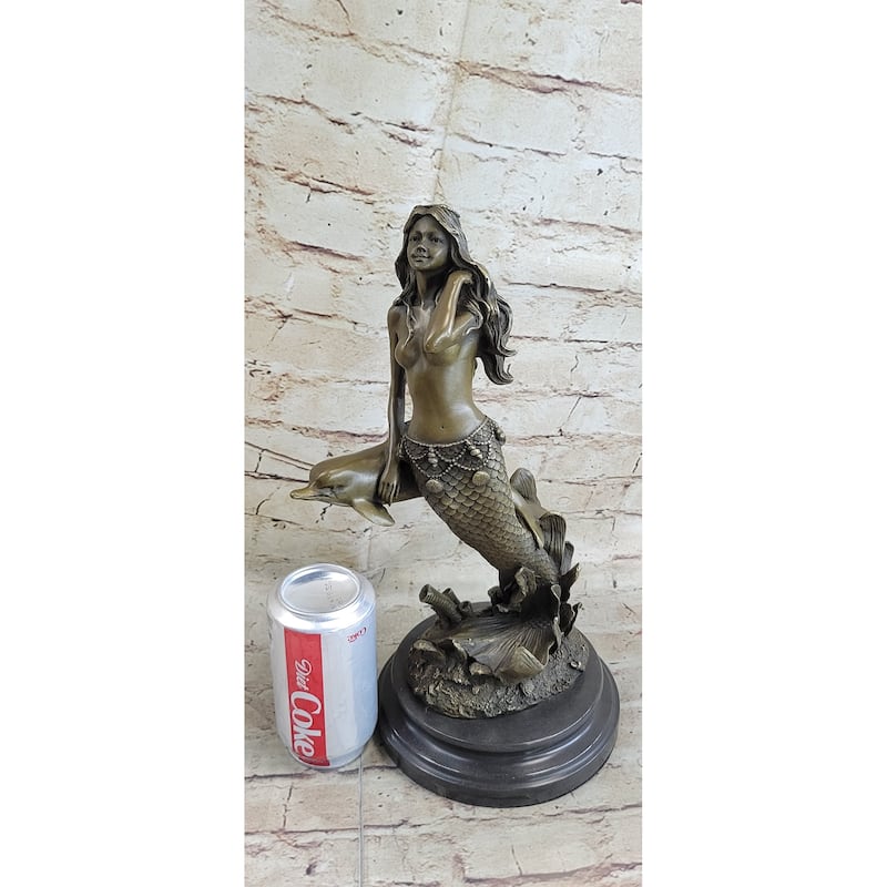 Mermaid And Imitative Dolphin Bronze Statue Sculpture Figure Original Art Marble Base 14 Inches X 9 Inches