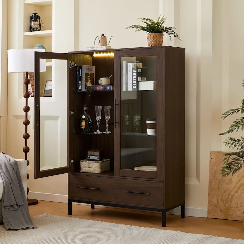 60"Hx39.5"W Lighted Display Cabinet with Glass Doors & LED Lighting Bookshelf Buffet