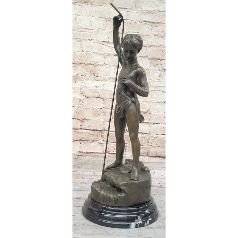 Young Boy Child Imitative Fishing - Bronze Sculpture Figure On Marble Base By A. Bofill