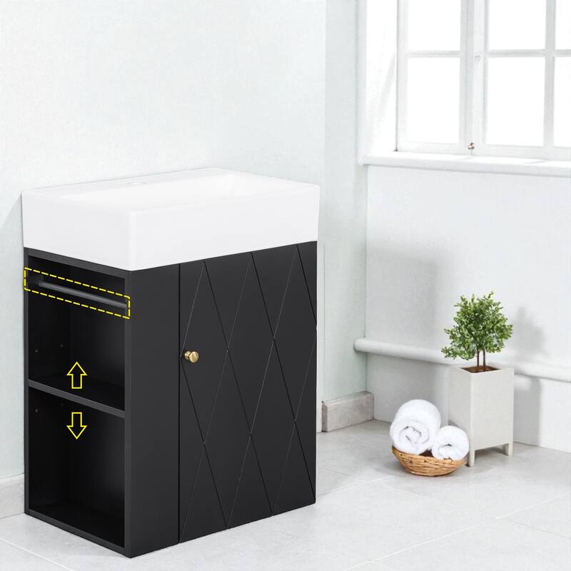 20" Wall Mounted Bathroom Vanity with Ceramic Sink, Diamond Door Design, Side Shelves and Towel Bar