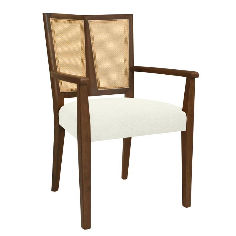 Set of 2 Modern Wooden Arm Dining Chairs with Rattan Backrest, Upholstered Fabric Seat, Rubberwood Frame