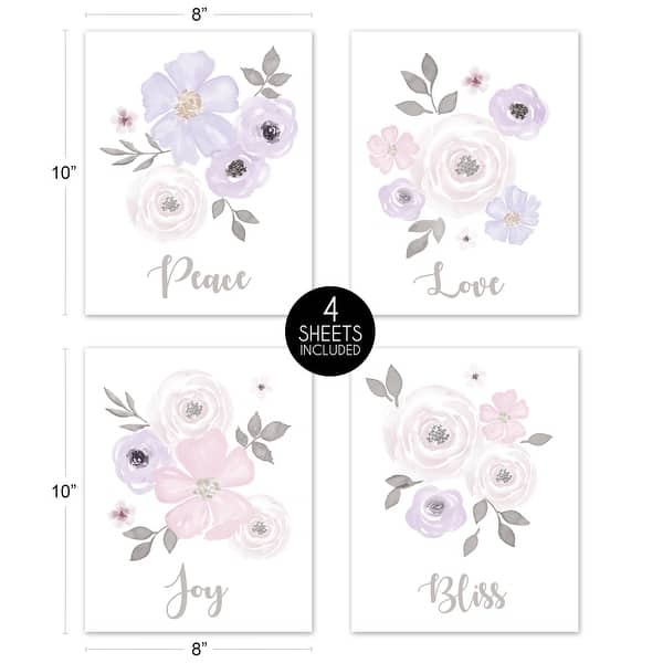 Sweet Jojo Designs Lavender Purple Pink Grey Watercolor Floral Collection Wall Decor Art Prints (Set of 4) Peace Love Joy Bliss