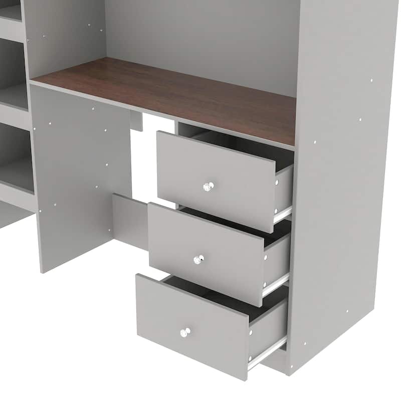 Full Size Loft Bed with Desk, Wardrobe, Drawers & Shelves, Wood Frame with Built-In Storage and Study Area