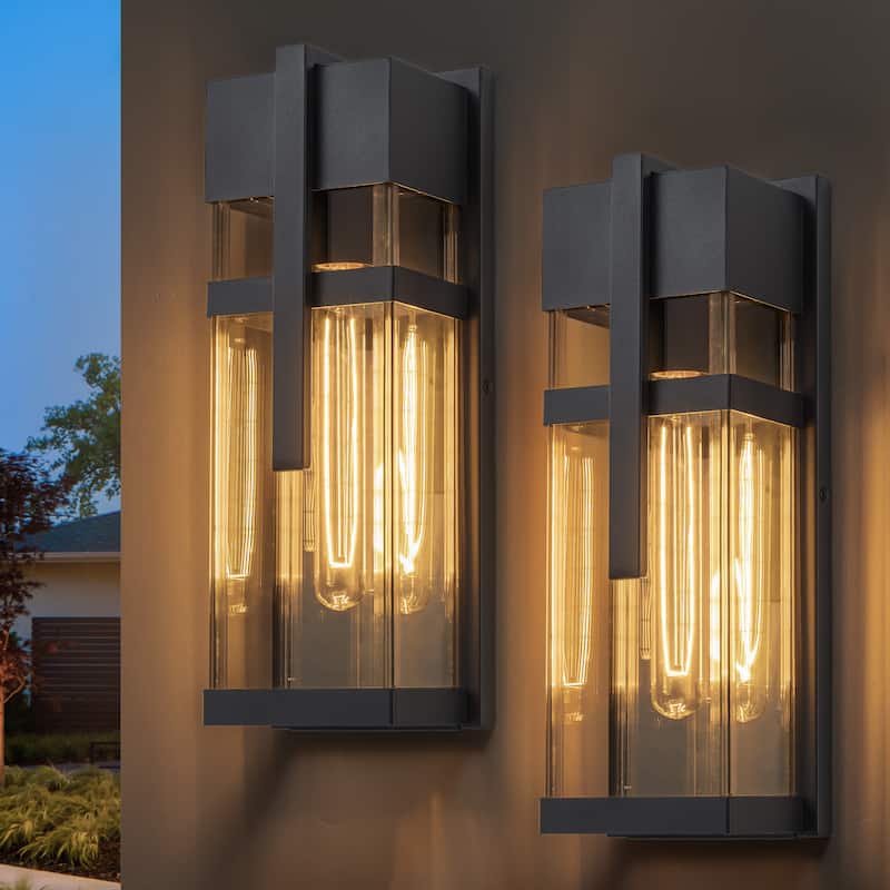 C Cattleya 2-Pack Modern Matte Black Outdoor Wall Lanterns with Clear Tempered Glass
