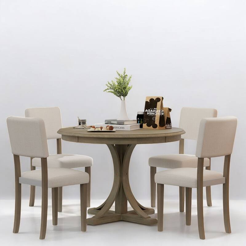 5-Piece Retro Round Dining Table Set with Upholstered Chairs - Solid Wood, Curved Legs for Dining Room and Kitchen - taupe