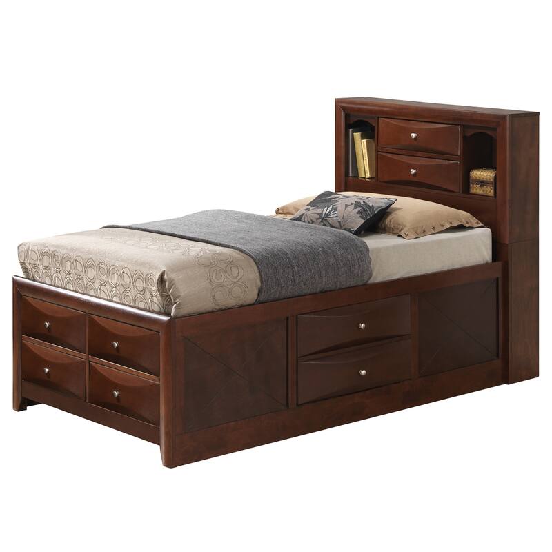 Wooden Panel Twin Bed with Drawers and Shelves - 87" - Cherry Brown