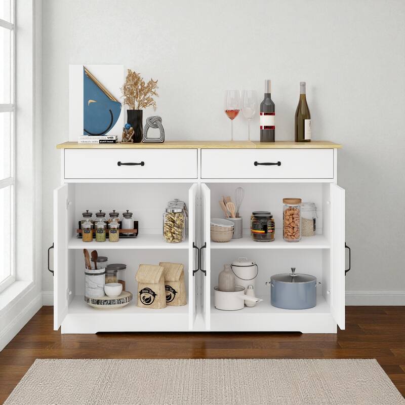 47.95" Farmhouse Buffet Sideboard Cabinet with 2 Drawers and 4 Doors, White Storage Cabinet for Dining Room or Living Room