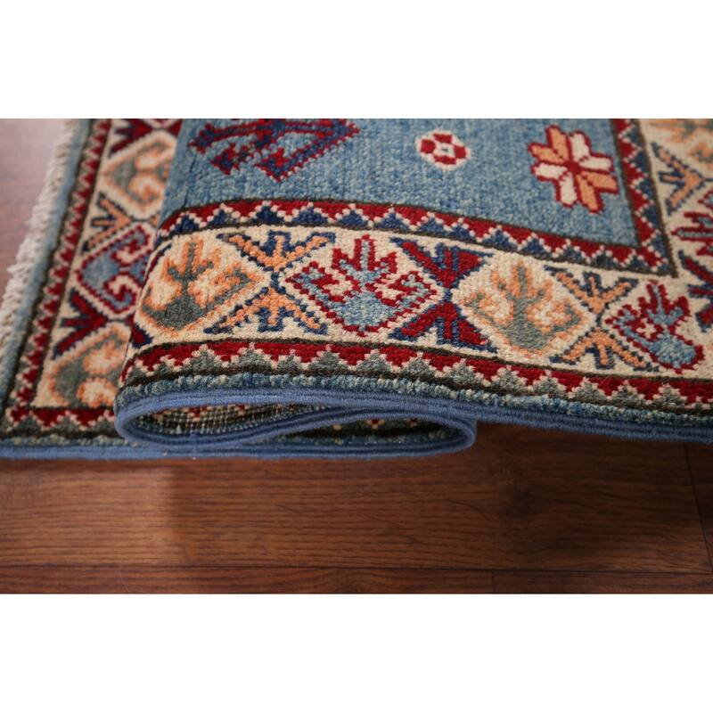 Hand Knotted Oriental 100% Wool Carpet Traditional Geometric Navy Blue & Blues Kazak Area Rug - 3' 0'' X 1' 11''