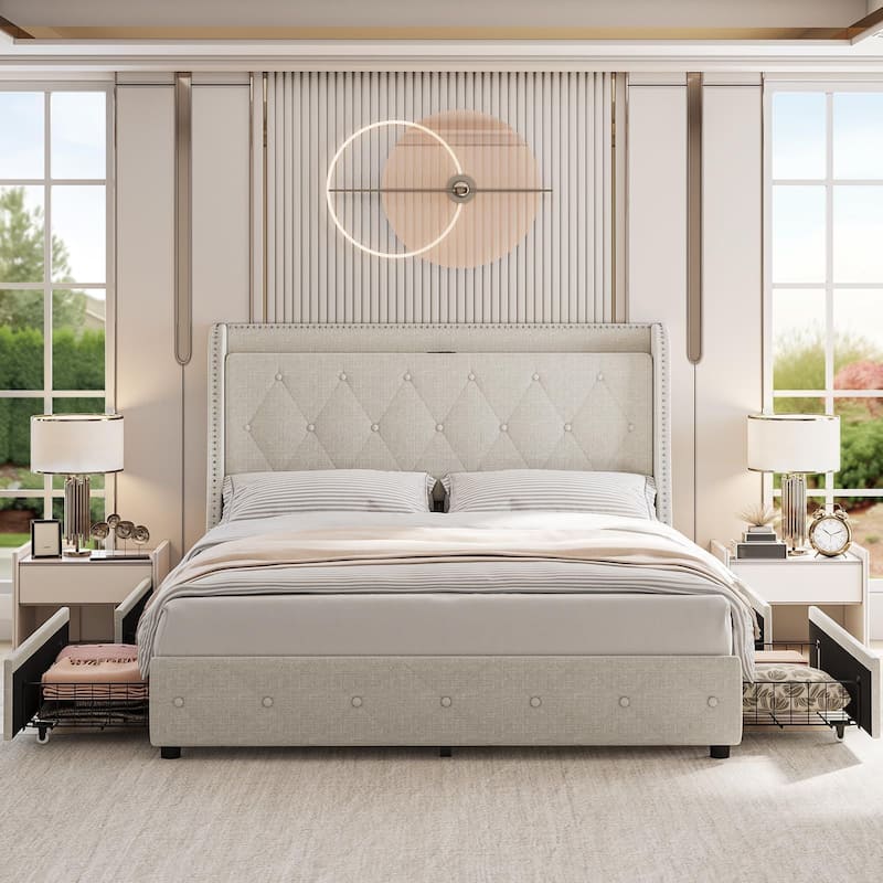 Upholstered Bed Frame, with Charging Station & Wingback, 4 Storage Drawers - Full